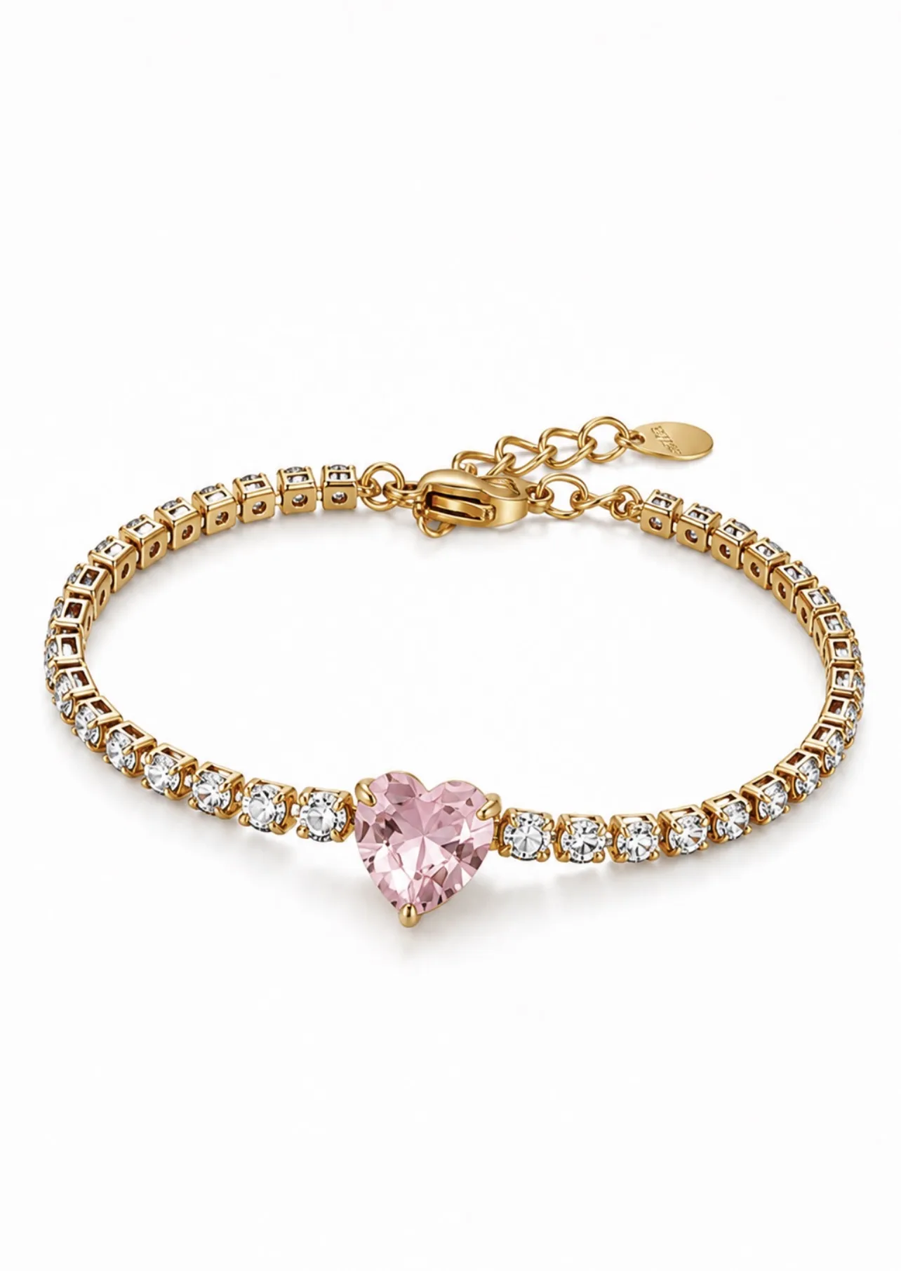 Pulseira Coração Rosa em Aço Inoxidável com Zircónias