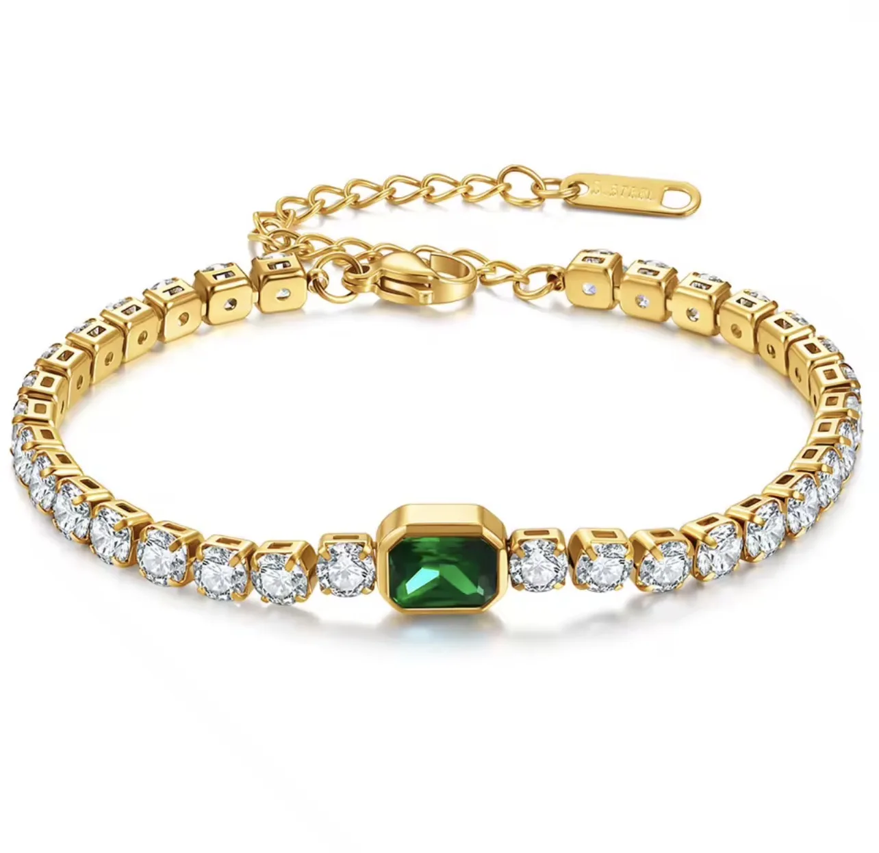 Pulseira Esmeralda Verde em Aço Inoxidável com Zircónias