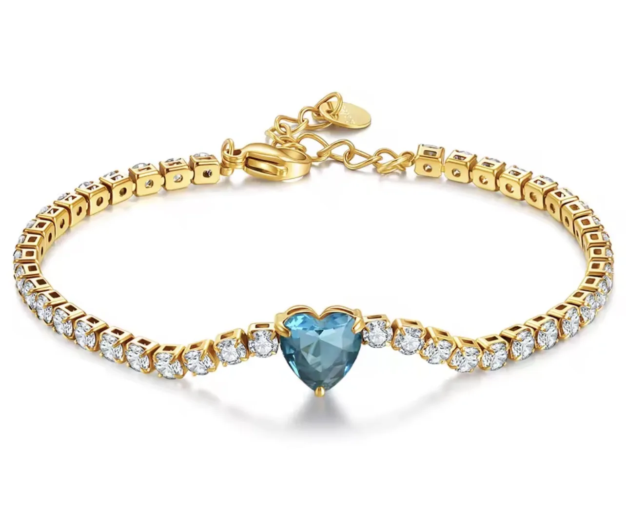Pulseira Coração Azul em Aço Inoxidável Banhado a Ouro 18K com Zircónias