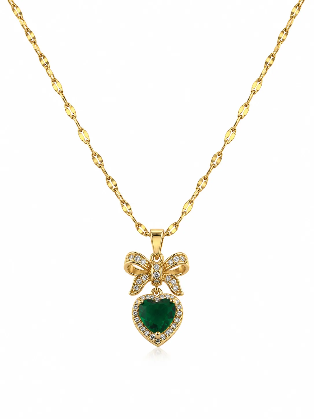 Colar Laço com Coração Verde em Aço Inoxidável Dourado