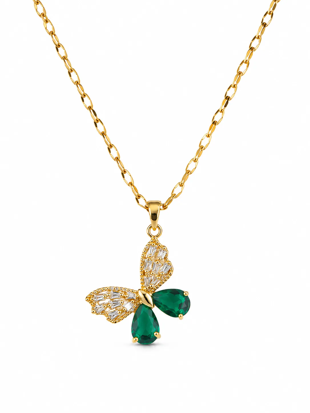 Colar Borboleta Esmeralda em Aço Inoxidável Dourado