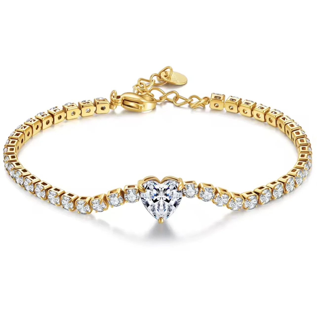 Pulseira Coração Cristal em Aço Inoxidável Banhado a Ouro 18K com Zircónias