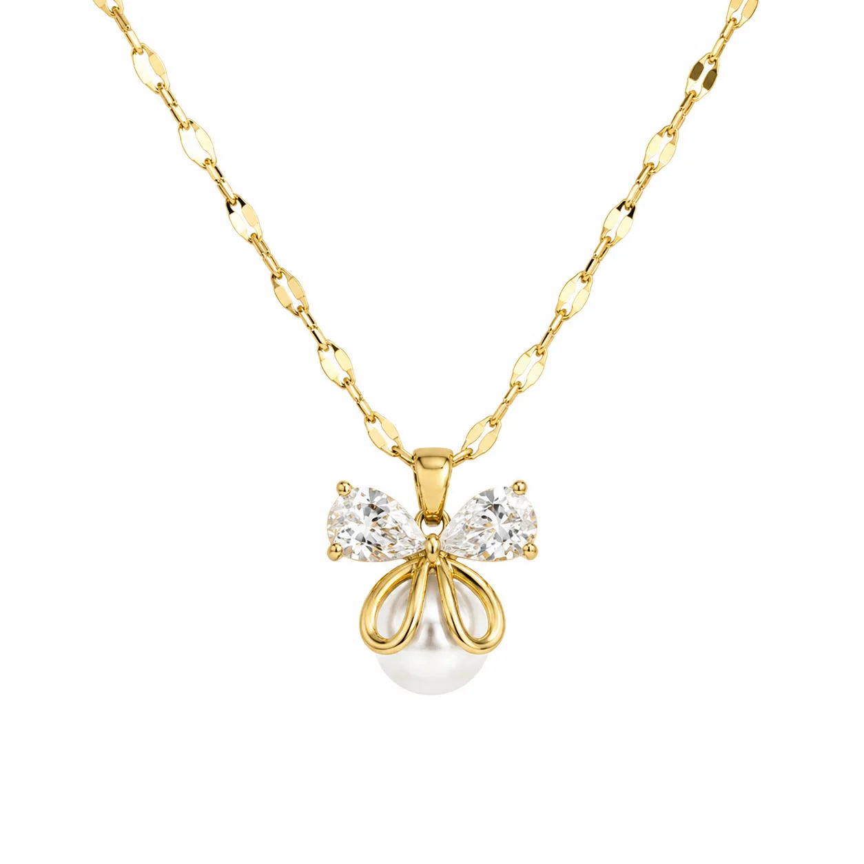 Colar Laço Pérola em Aço Inoxidável Dourado