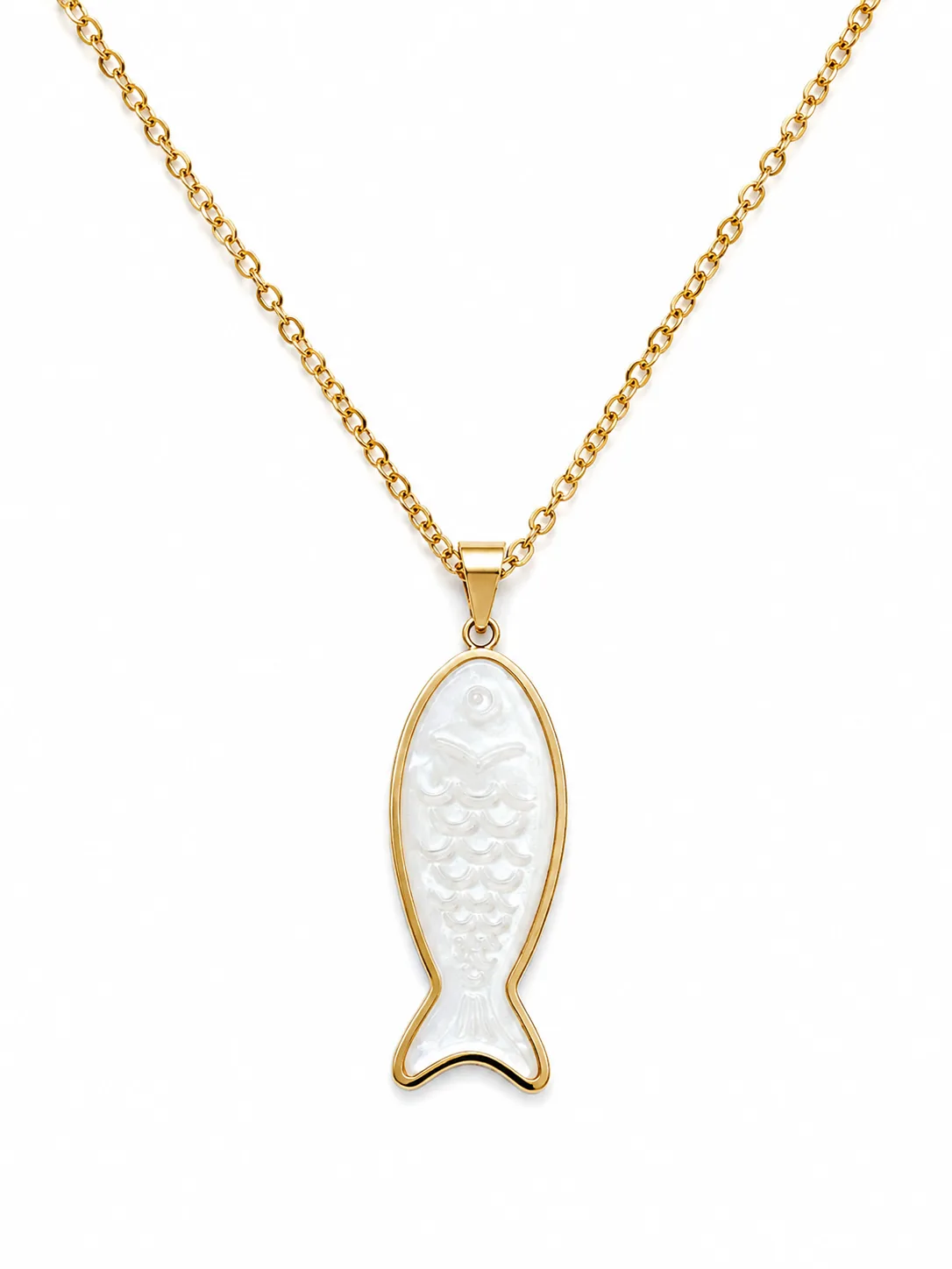 Colar Peixe Madre Pérola em Aço Inoxidável Dourado
