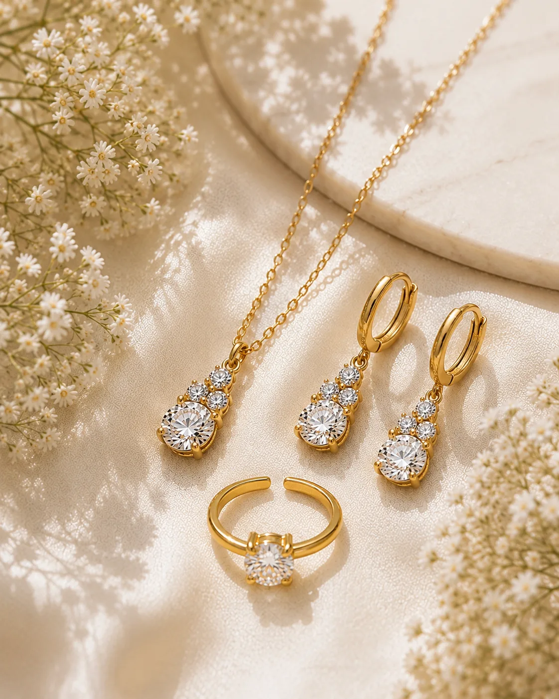Conjunto Elegance Cristal – Colar, Brincos e Anel