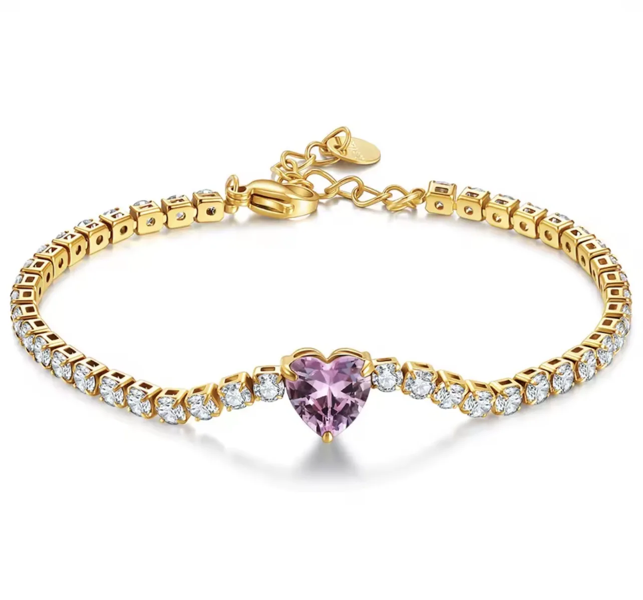 Pulseira Coração Lilás em Aço Inoxidável com Zircónias