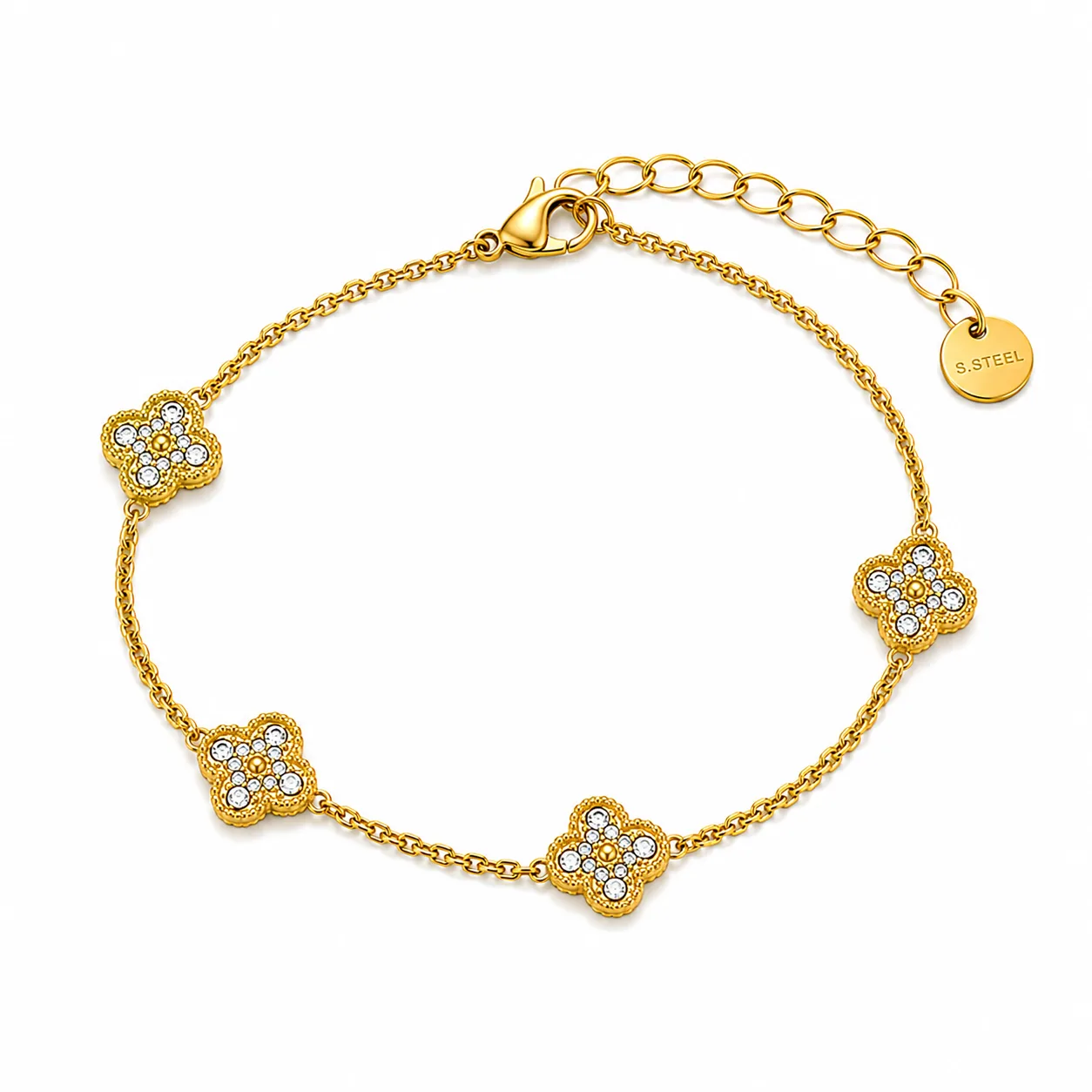 Pulseira Trevo Luxo Cravejada em Aço Inoxidável Dourado
