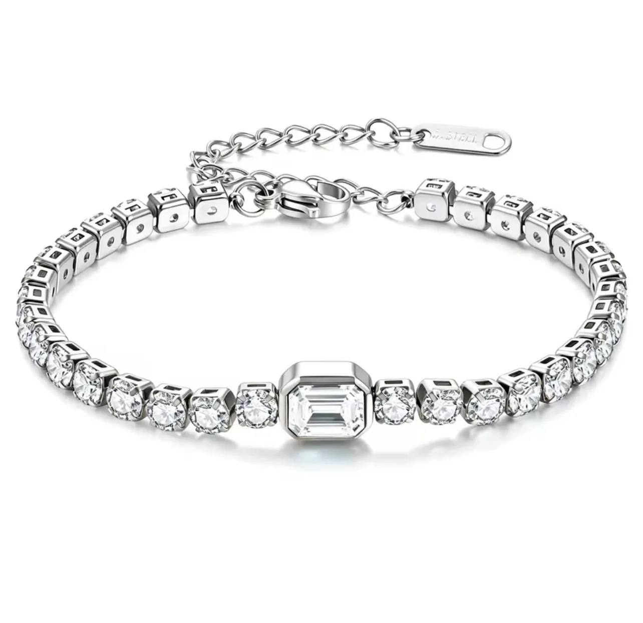 Pulseira Esmeralda em Aço Inoxidável Prateado com Zircónias