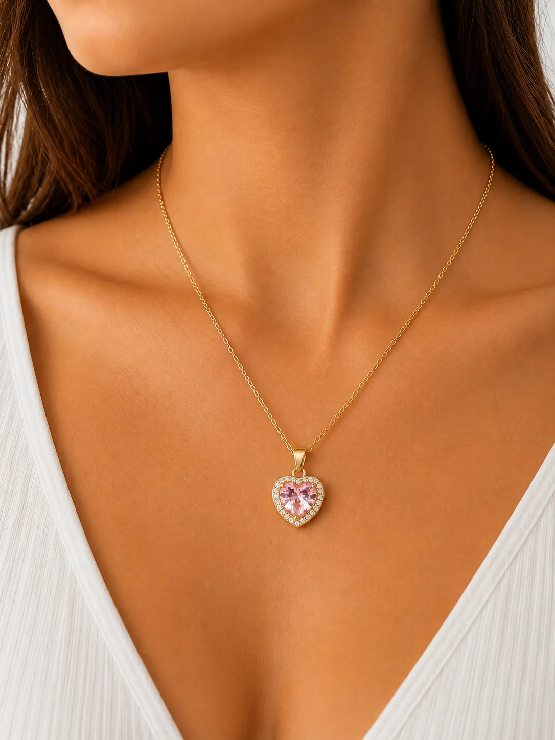Colar Coração Rosa em Aço Inoxidável Dourado — foto 2