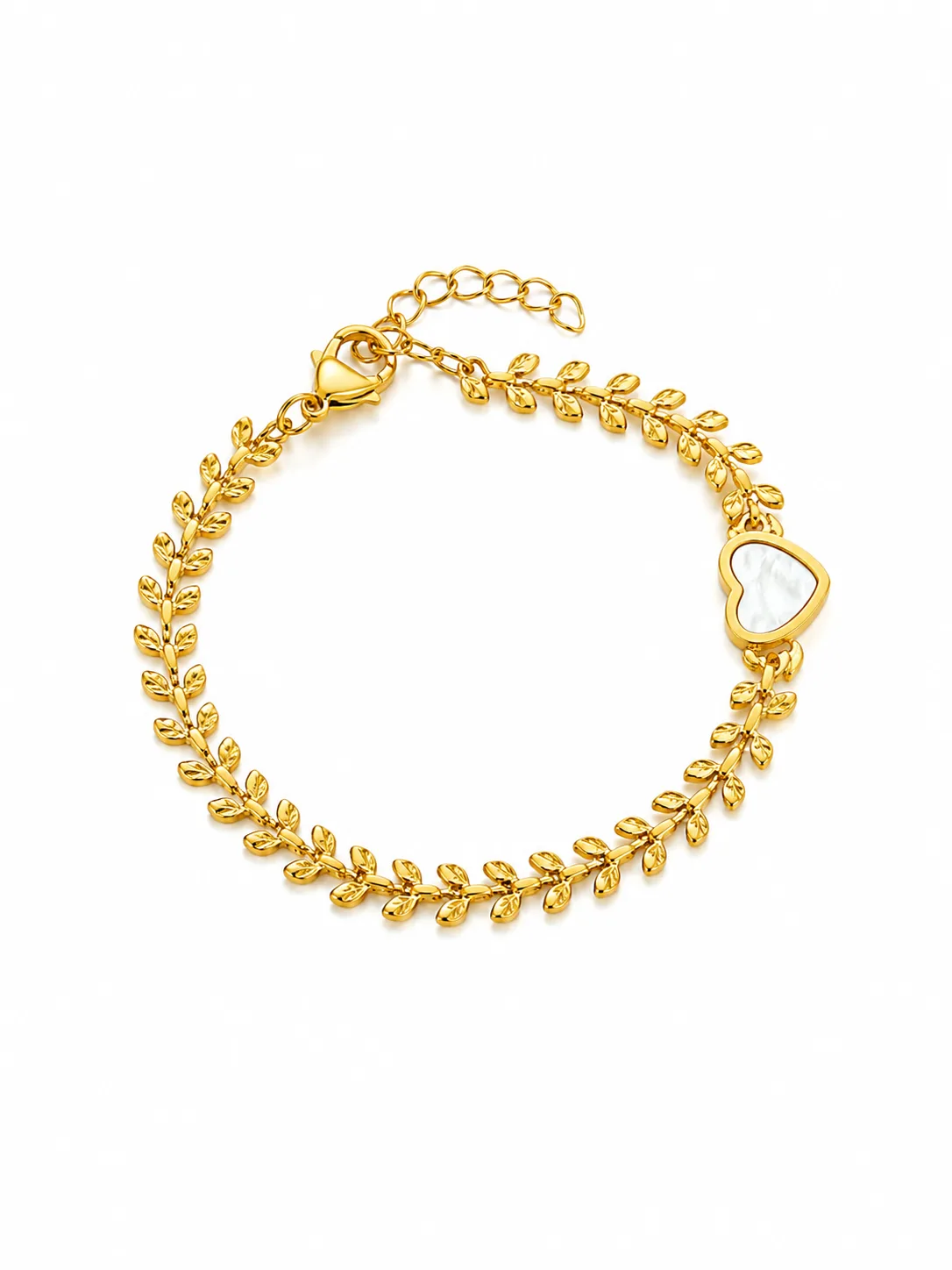 Pulseira Folhas com Coração Madre Pérola em Aço Inoxidável