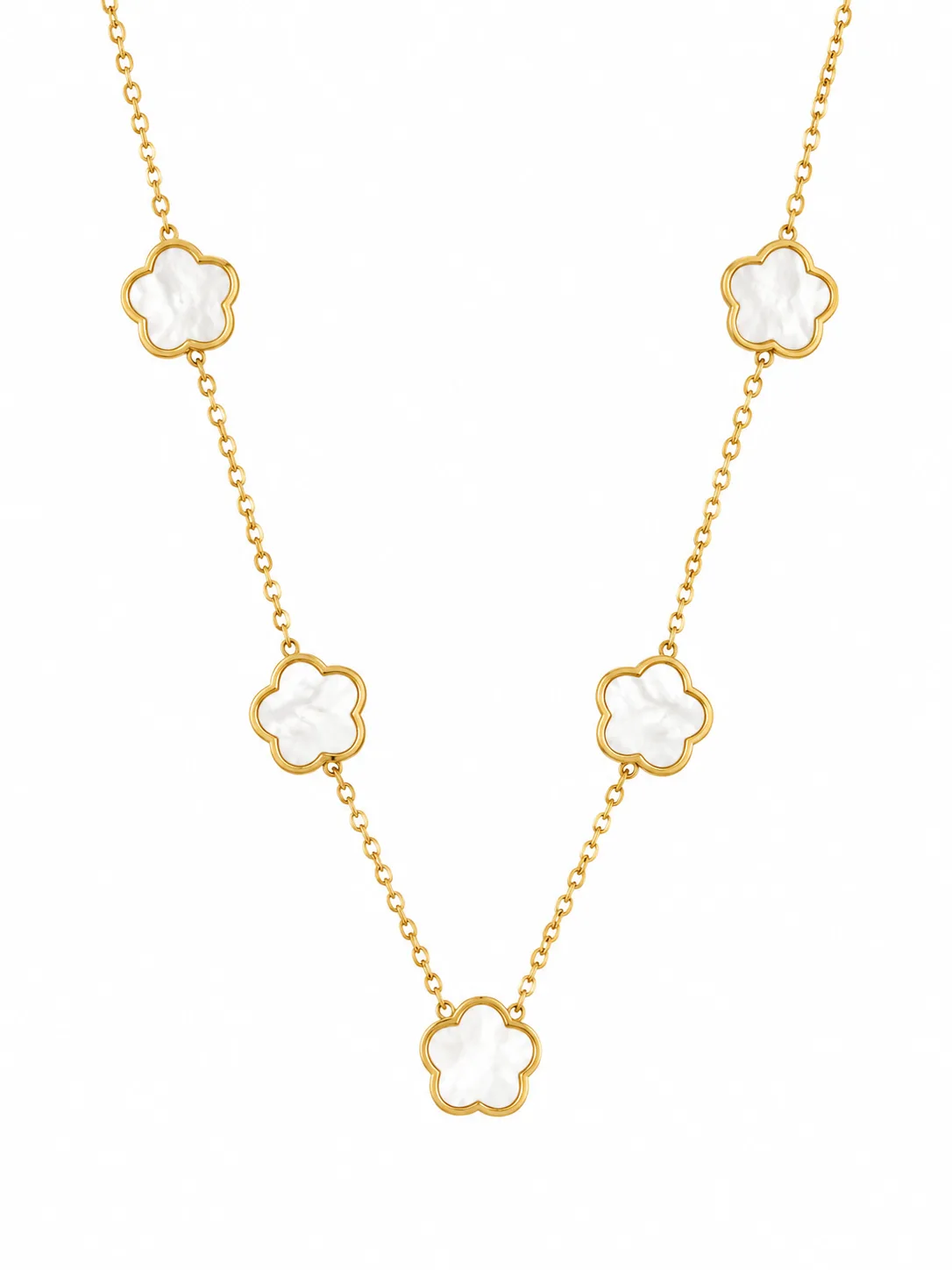 Colar Cinco Flores Madrepérola Dourado em Aço Inoxidável