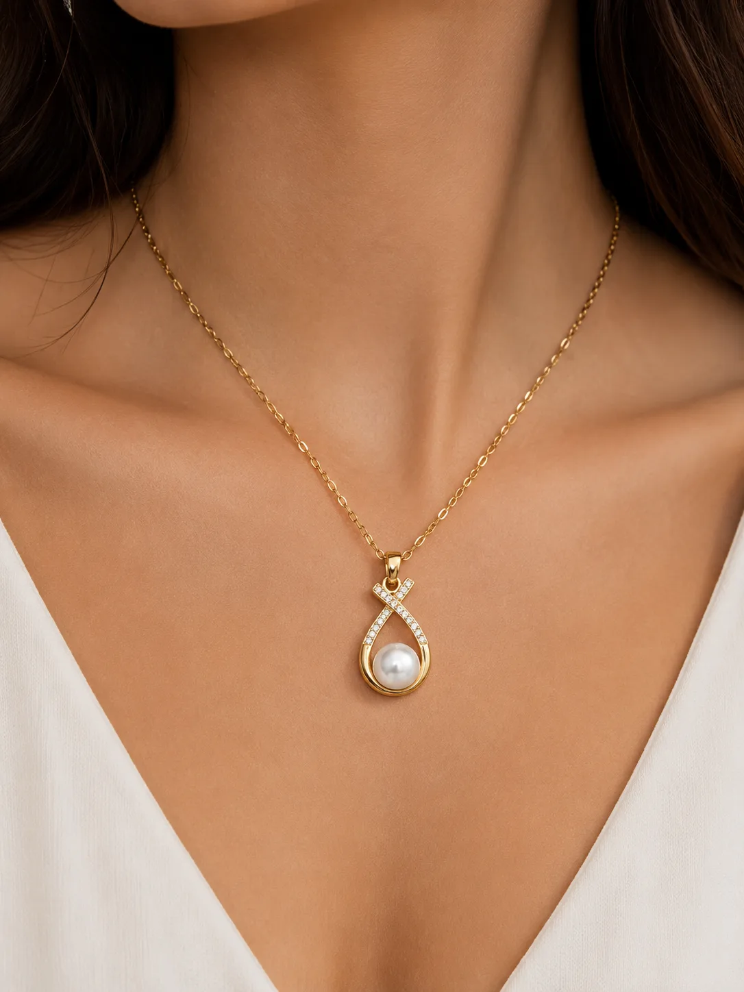 Colar Gota com Pérola em Aço Inoxidável Dourado — foto 2