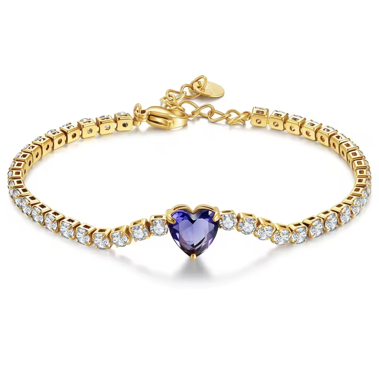 Pulseira Coração violeta ametista  em Aço Inoxidável com Zircónias